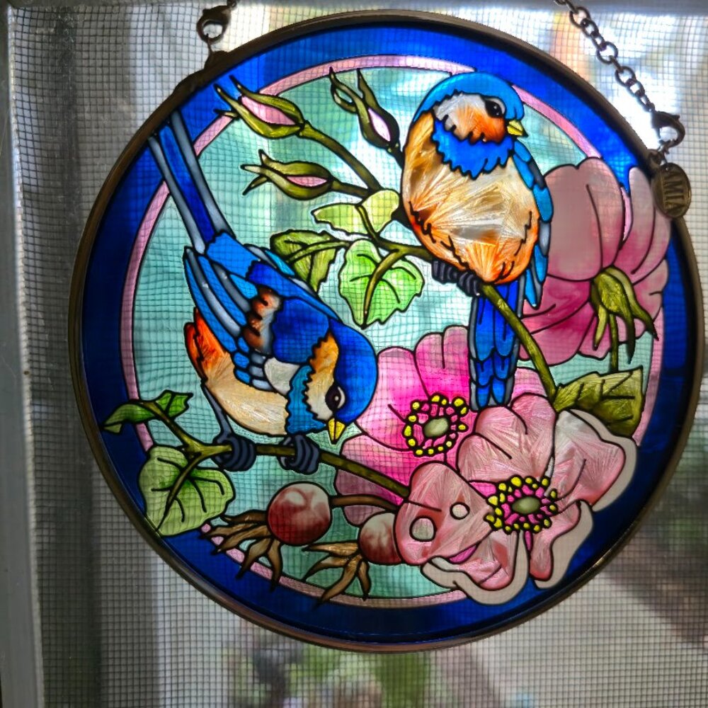 Vintage AMIA Studios Bluebirds Suncatcher Hand Painted Glass NIB 4.5